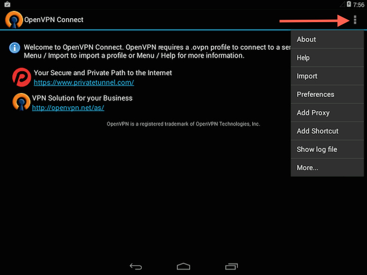 The OpenVPN Android app profile import menu selection The OpenVPN Android app profile import menu selection