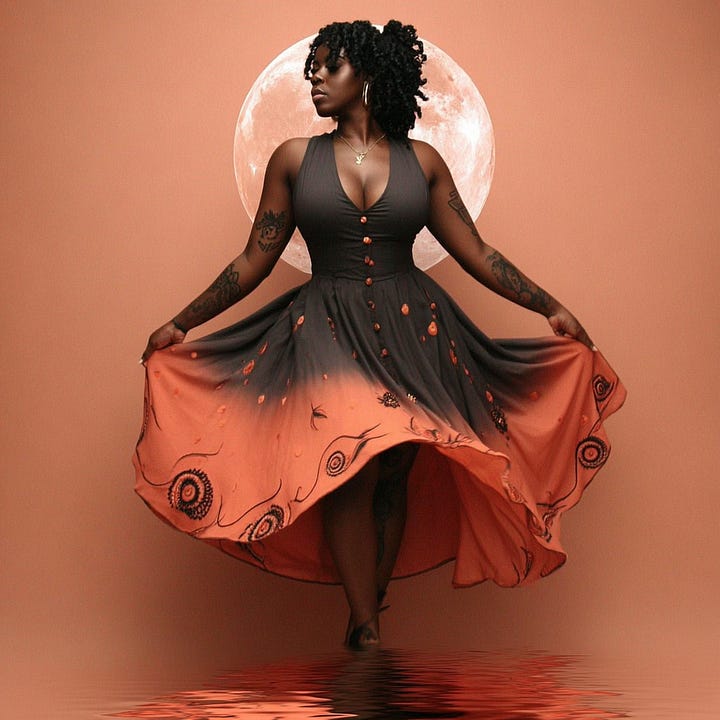 Image 1: A figure in a black and orange ombre dress stands before a large, low-hanging moon, lifting the hem of the voluminous skirt above a dark, reflective water surface.  Image 2: A whimsical illustration of a character in a shimmering gold-accented gown standing on a circular stone stage beneath a large glowing moon and a smaller crescent.  Image 3: A figure in a draped, vibrant yellow floor-length gown walks down a reflective golden path toward a massive, bright yellow moon.  Image 4: A high-fashion silhouette in a dramatic, swirling architectural gown of black and gold silk, posed against the backdrop of a detailed, luminous full moon in a starry sky.