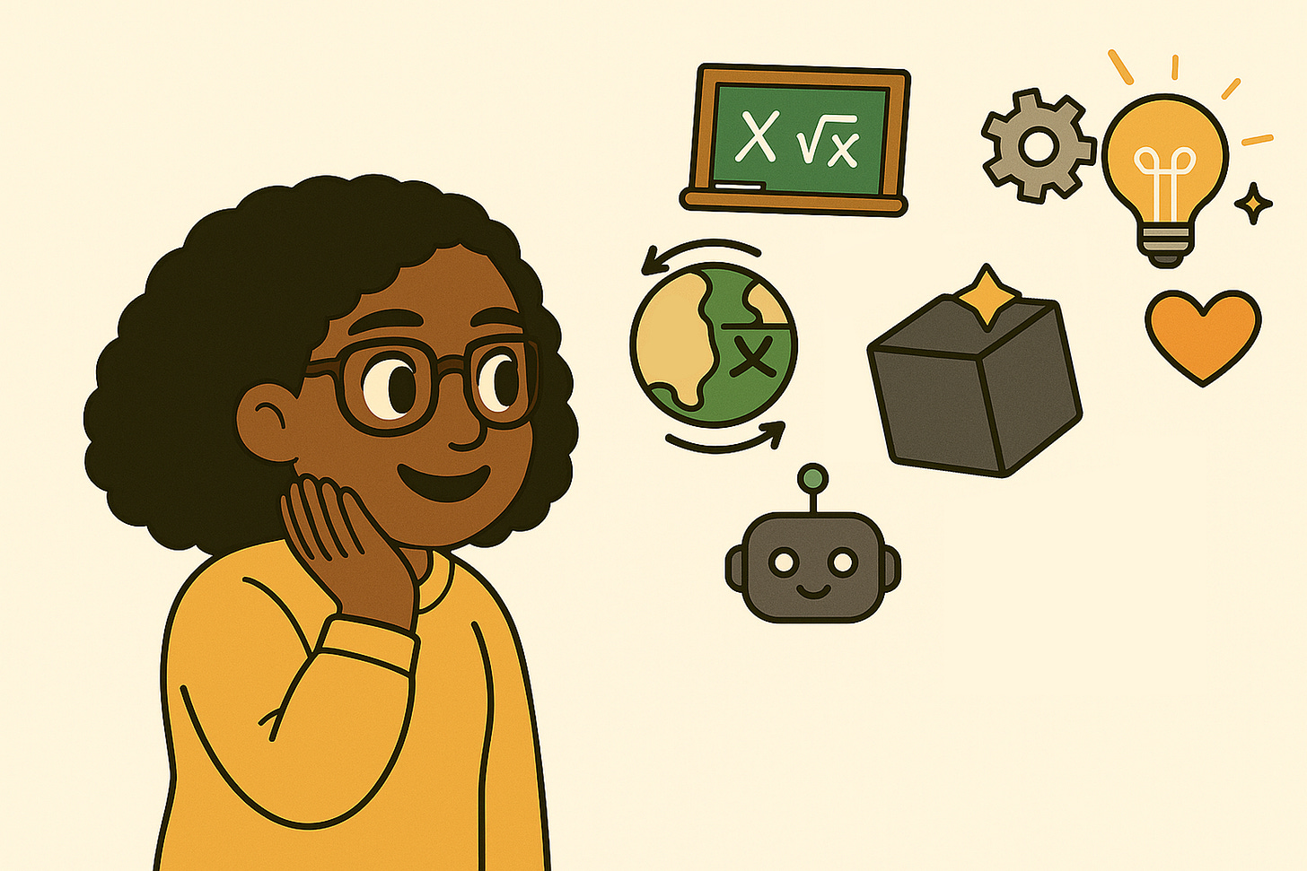 Illustration of a person smiling with icons floating around them, including a globe, light bulb, math symbols, and a small robot.