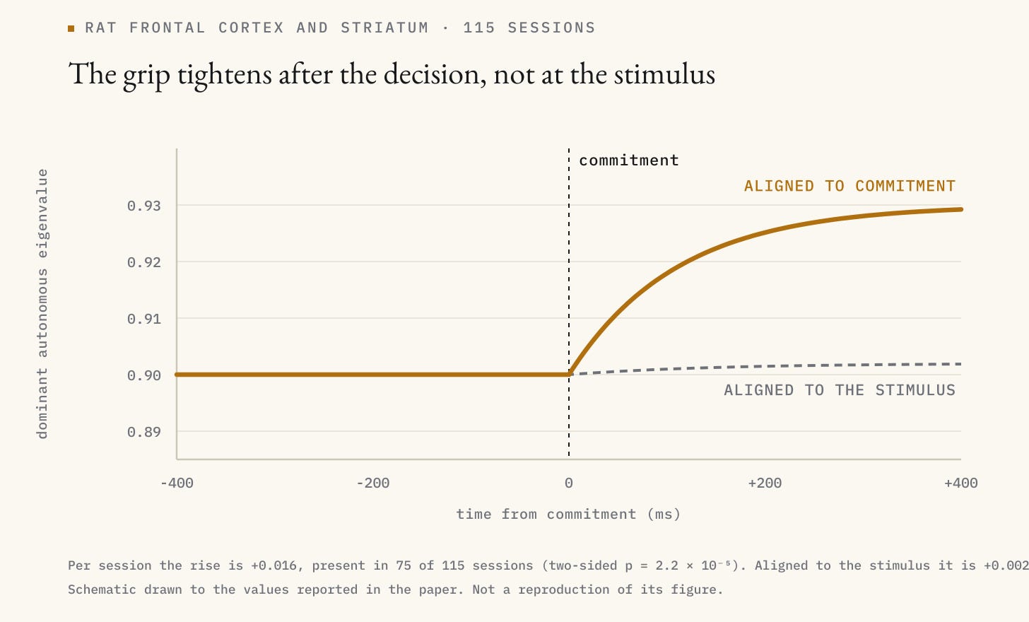 Rat frontal cortex and striatum across 115 sessions. Aligned to commitment the dominant autonomous eigenvalue is flat near 0.90 before the decision and rises to about 0.93 within 250 milliseconds after it. Aligned to the stimulus instead it stays flat. Schematic drawn to the reported values.
