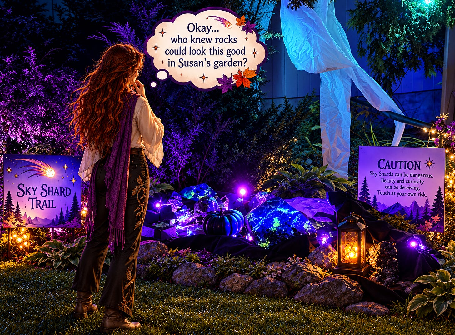 Angelika saying that she didn't know that glowing rocks would make Susan's garden look so good. Angelika saying that she didn't know that glowing rocks would make Susan's garden look so good.