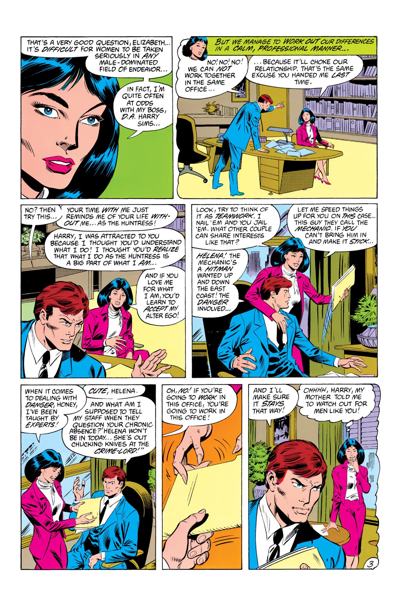 Helena Wayne argues with her boyfriend at the DA's office in The Huntress.