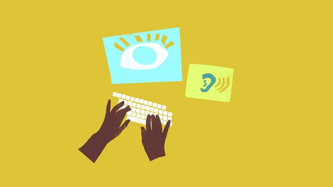 An illustrated view from above of hands typing on a keyboard, with a screen filled with an eye and another screen with an ear, from which some sound waves are emanating.