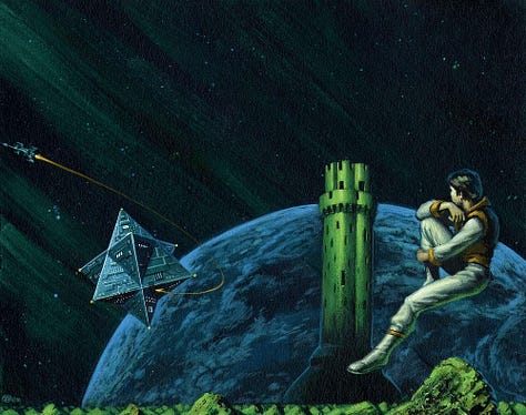 LEFT: Detail of the geometric shape formed by two intersecting tetrahedrons. The texture and lighting on the facade marks it as a spaceship. From a docking bay underneath, a rocket burns in an arc out and away to the left. A transparent bubble, apparently a forcefield projected from the points of the stellated octahedron, surrounds the ship. CENTER: Close detail of a man in a white jumpsuit floating weightlessly in front of a cloudy planet. He strikes a contemplative pose with chin resting on his hand and his elbow on his thigh. RIGHT: Preliminary concept for THE FINAL ENCYCLOPEDIA featuring the same layout but with the man in jumpsuit in a more reclined pose, hugging his raised knee as he contemplates the view.
