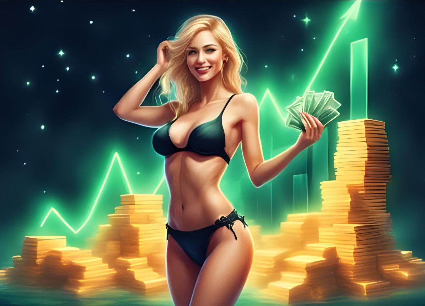 A beautiful businesswoman with long blonde hair and blue eyes wears a green bikini. She is holding money. There are gold bars behind her, with a rising green stock market chart behind her. A beautiful businesswoman with long blonde hair and blue eyes wears a green bikini. She is holding money. There are gold bars behind her, with a rising green stock market chart behind her.