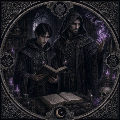 Felonious as a human apprentice of Bargle, using his defined visual palette, standing beside the dark wizard in a shadowed arcane chamber Felonious as a human apprentice of Bargle, using his defined visual palette, standing beside the dark wizard in a shadowed arcane chamber