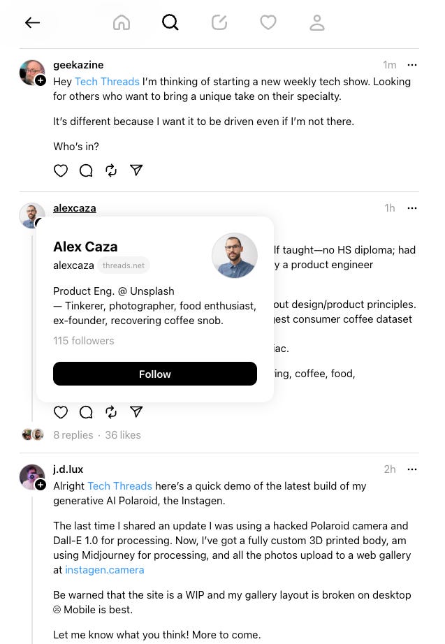Screenshot of Threads SERPs illustrating popup biographies