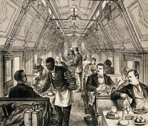 Drawing of a Pullman dining car with a black Pullman porter. Drawing of a Pullman dining car with a black Pullman porter.