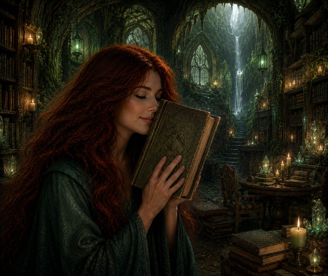 Angelika holding a book in her library in the caves
