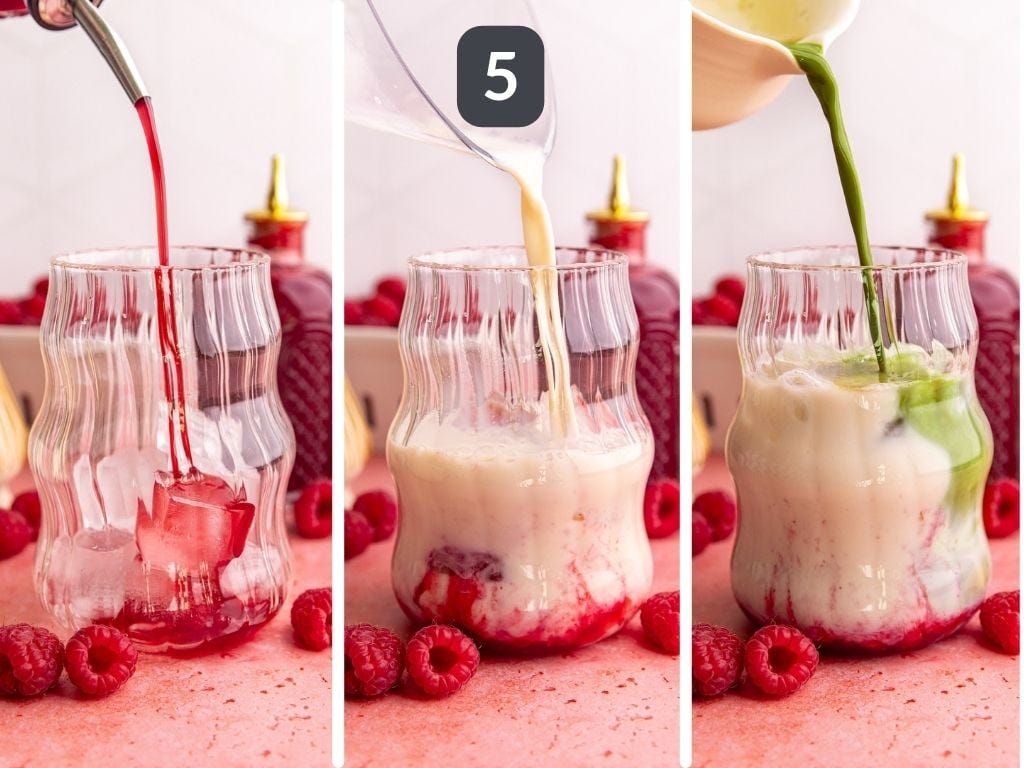 Raspberry matcha latte step 5 - pour syrup, milk, and matcha into your glass.