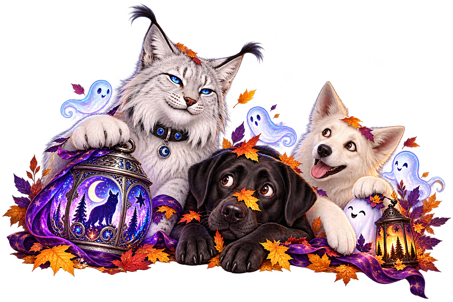 Image of Jynx, Barrow and Spirit surrounded by tiny ghosts and colourful leaves. Image of Jynx, Barrow and Spirit surrounded by tiny ghosts and colourful leaves.