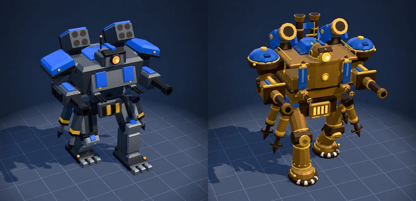On the left: blue stomping mech robot, missile launcher shoulders, classic sci-fi robot look. On the right: gold, steampunk, much more 1900s French look.