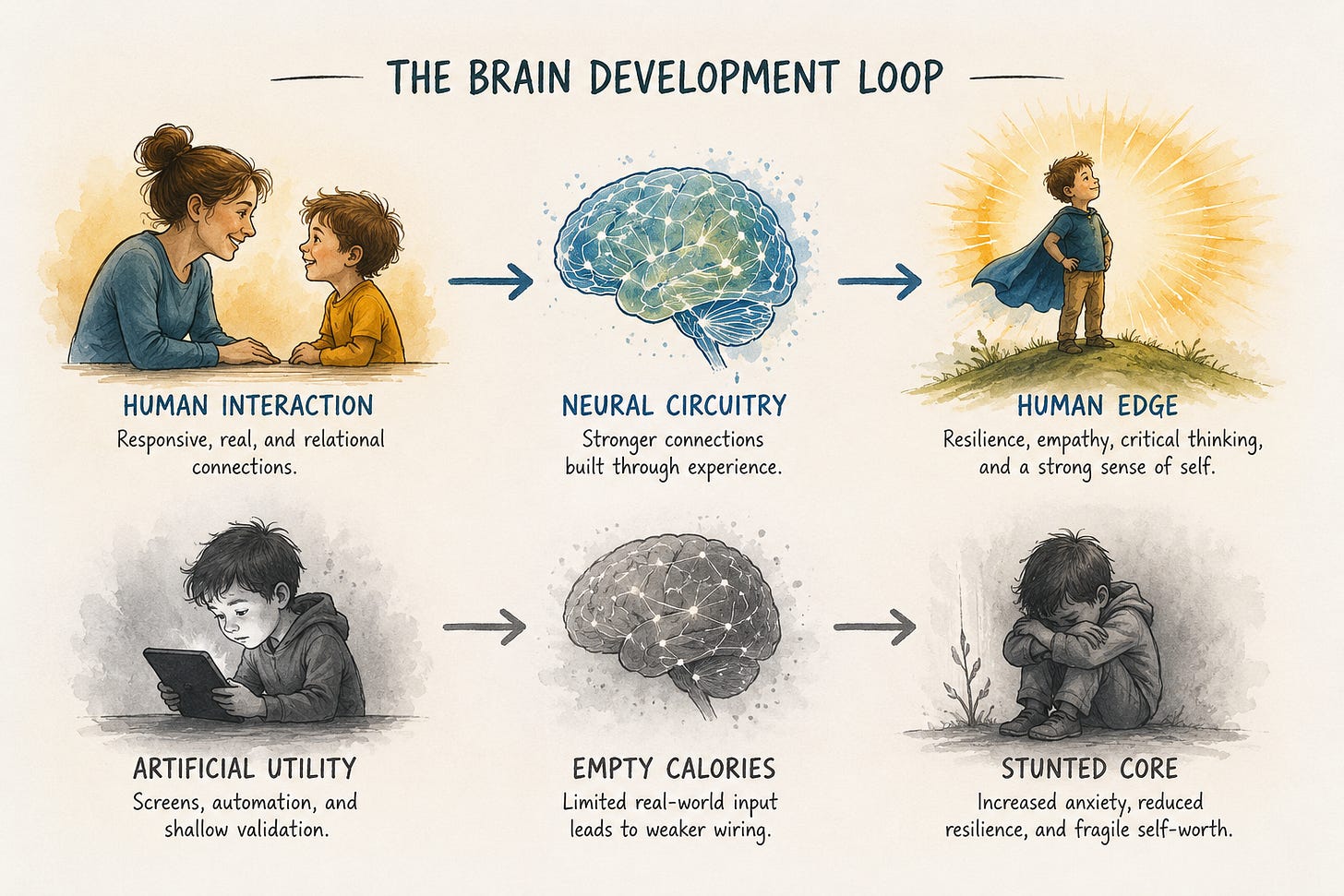Illustration of the Brain Development Loop comparing human interaction versus artificial utility. The diagram shows responsive relationships strengthening neural circuitry and resilience, while technology-driven interaction leads to weaker brain development and emotional disconnection.