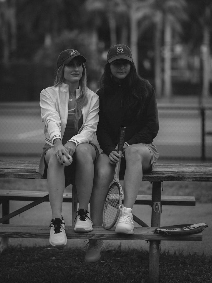 Black and white collage of five tennis scenes: two women in club hats sitting on a bench, two male players stringing rackets on the grass, and three dynamic in-game shots capturing movement and focus. All wearing Miami Racket Club apparel.