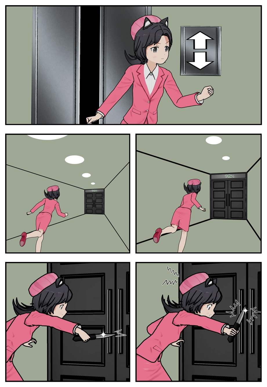 Rae runs down the basement hallway to the door at the other end, but is unable to force it open with her knife.