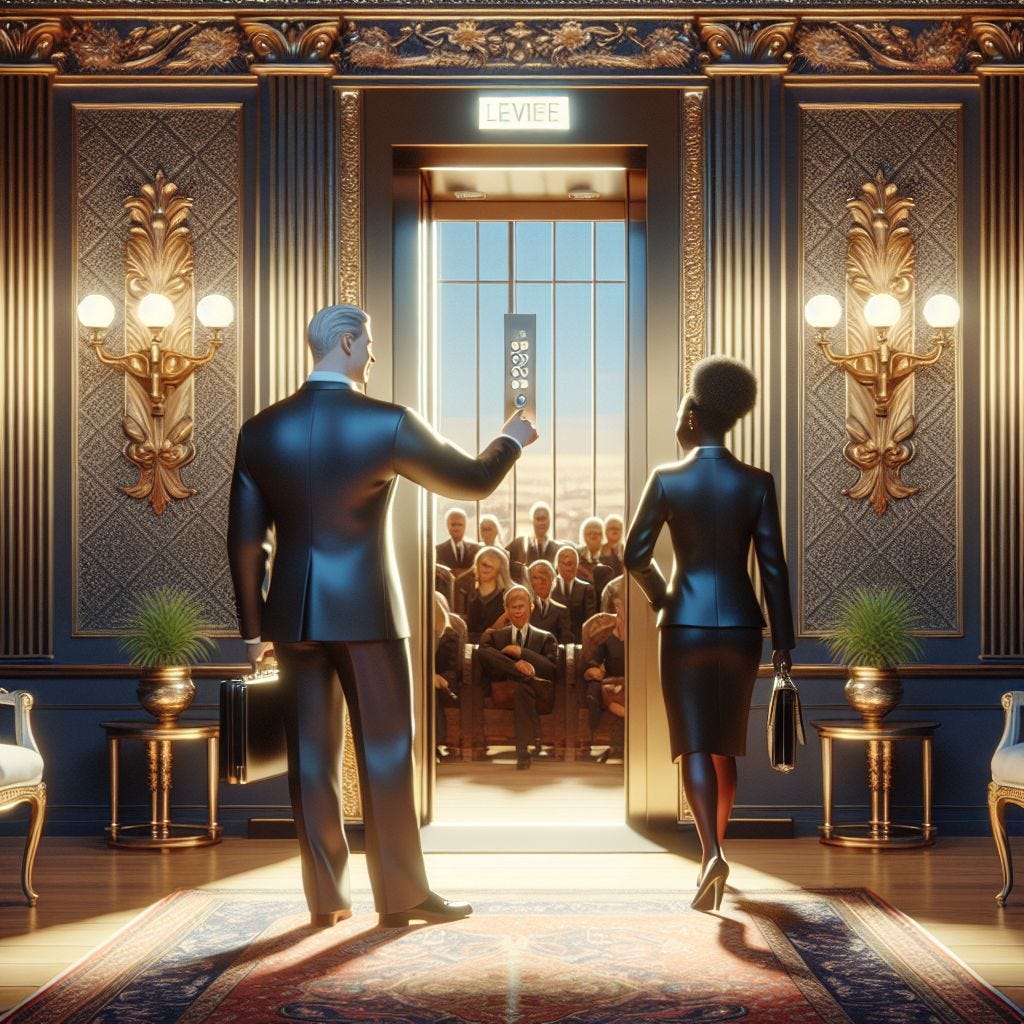 a wealthy successful individual sending an elevator back to the ground floor so someone else could have a chance to make it in corporate america