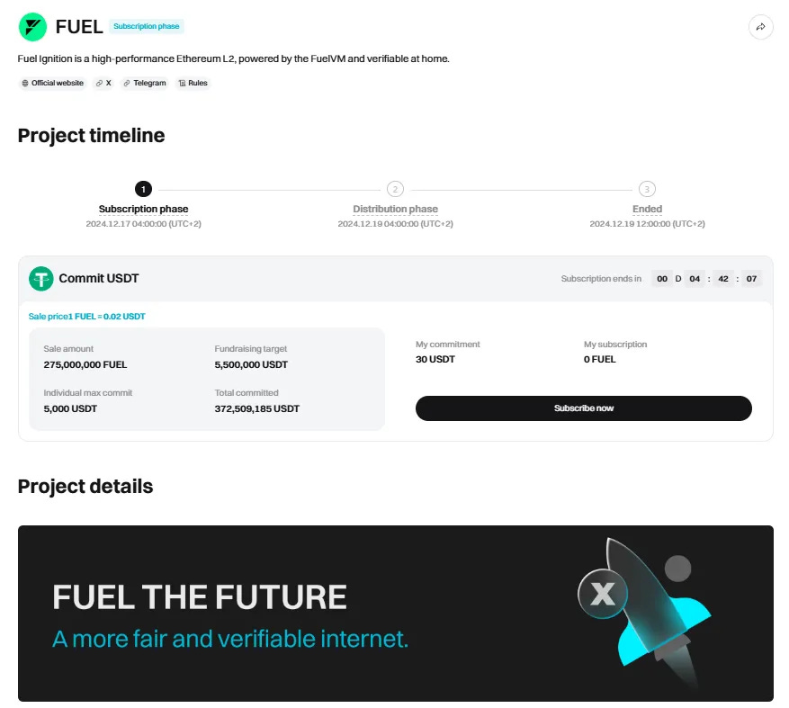 Bitget LaunchX interface showcasing the FUEL Token Drop with subscription details and USDT options.2