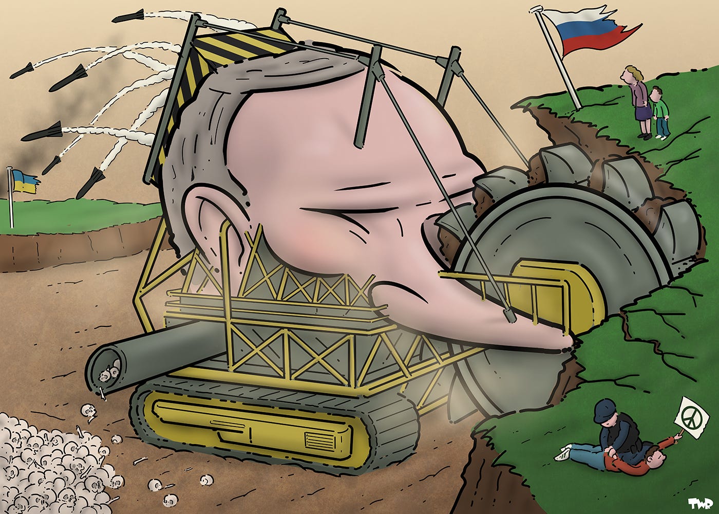Cartoon showing an open pit mining excavator with the head of Vladimir Putin. The bucket wheel is excavating a cliff with the Russian flag on it; from the back of the excavator, numerous missiles are launched in the direction of Ukraine. From the side of the machine, a pipe is pulling out human skulls and bones. On the Russian cliff, a police an is arresting a peaceful activist.