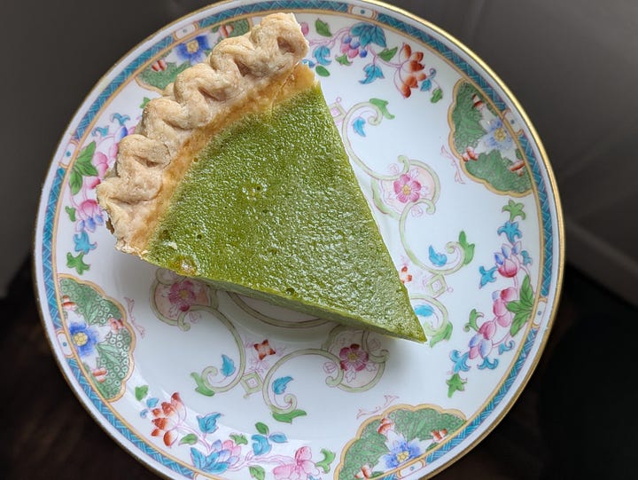 Pandan coconut tart, sliced and ready to eat, and being poured to bake.