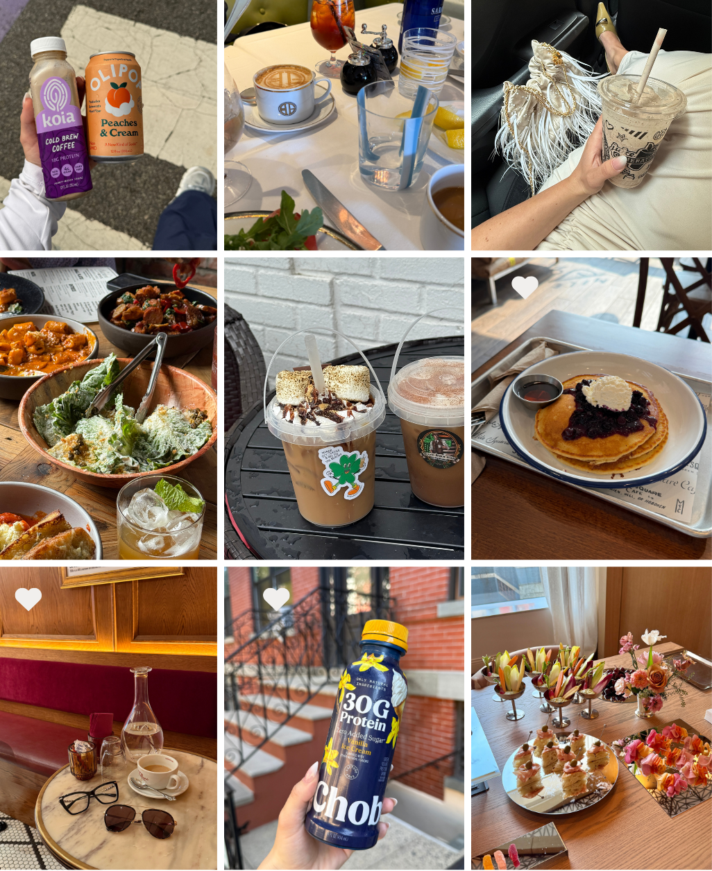 nine photos of coffees and meals