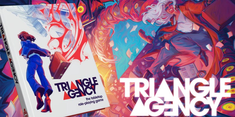 A colorful banner advertising Triangle Agency. [a book mockup on the left, featuring the games title and a female-presenting woman in a blue business suit, facing away from the viewer. She carries a briefcase that trails chaotic red energy behind it. A colorful banner advertising Triangle Agency. [a book mockup on the left, featuring the games title and a female-presenting woman in a blue business suit, facing away from the viewer. She carries a briefcase that trails chaotic red energy behind it.