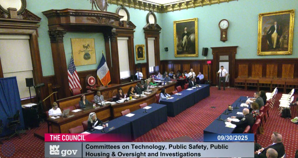 Screenshot of City Council Hearing showing councilmembers and the caption "Committees on Technology, Public Safety, Public Housing & Oversight and Investigations" Screenshot of City Council Hearing showing councilmembers and the caption "Committees on Technology, Public Safety, Public Housing & Oversight and Investigations"