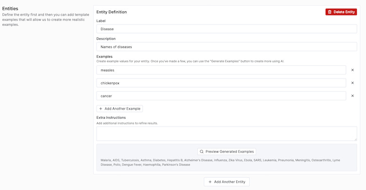 A screenshot of the Tonic Textual UI that shows example values for an entity that contains names of diseases, with additional values generated by Textual