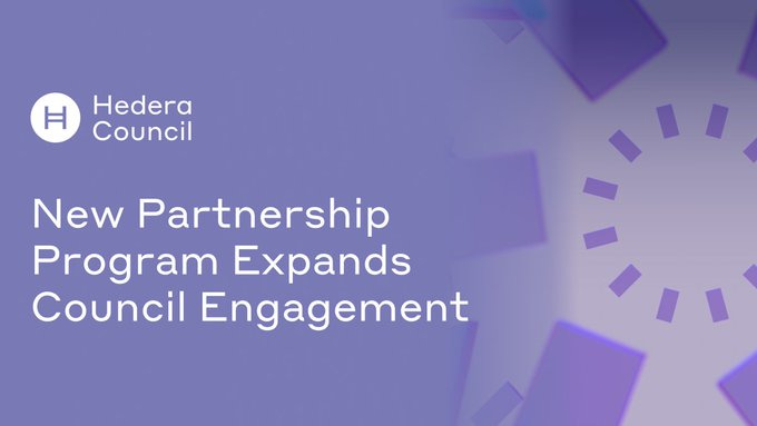 Purple-themed graphic with Hedera logo and Hedera Council text centered above bold white title New Partnership Program Expands Council Engagement surrounded by circular white elements on a gradient background