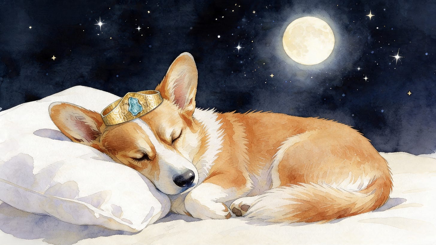 Prince Freddie drifts off to sleep beside Señora Benilde's flower at the close of a sleepcast.