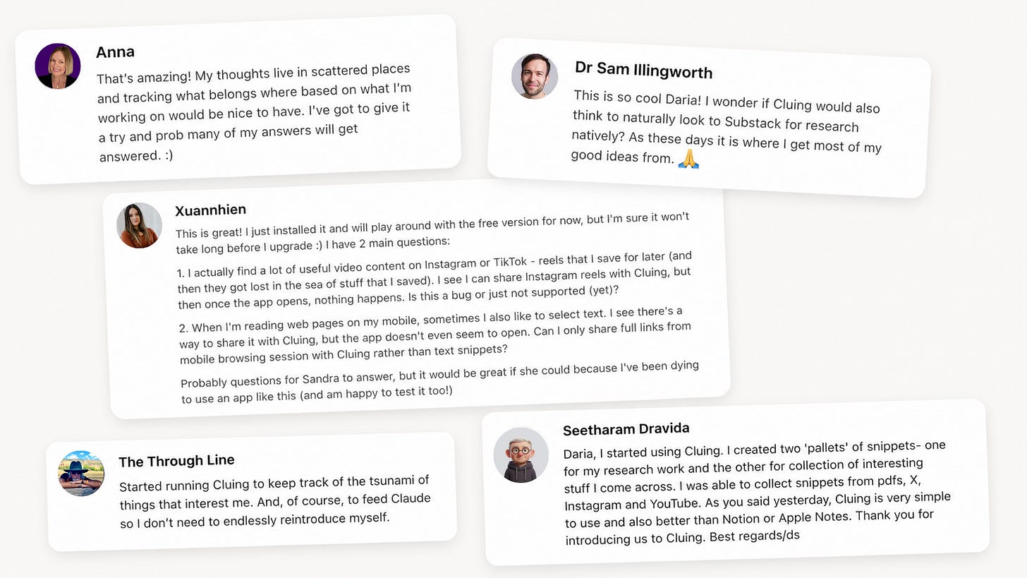 Reader comments responding to the first Cluing review, sharing excitement about using the AI second brain to save and organize their research and learning resources.