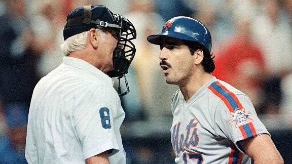 Keith Hernandez and Doug Harvey arguing over a strike call. Keith Hernandez and Doug Harvey arguing over a strike call.