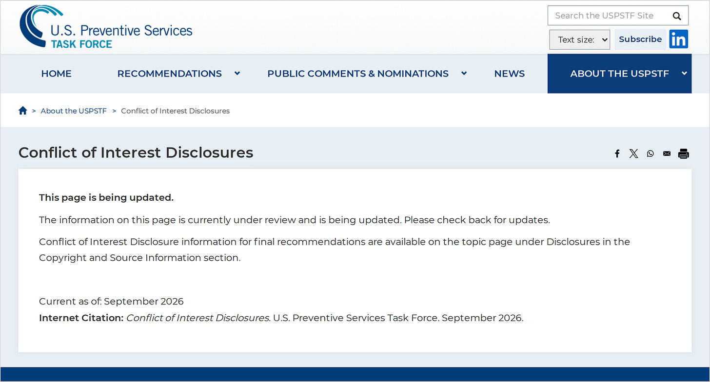 Screenshot of the USPSTF Conflict of Interest Disclosures page stating that the page is being updated and its information is currently under review.