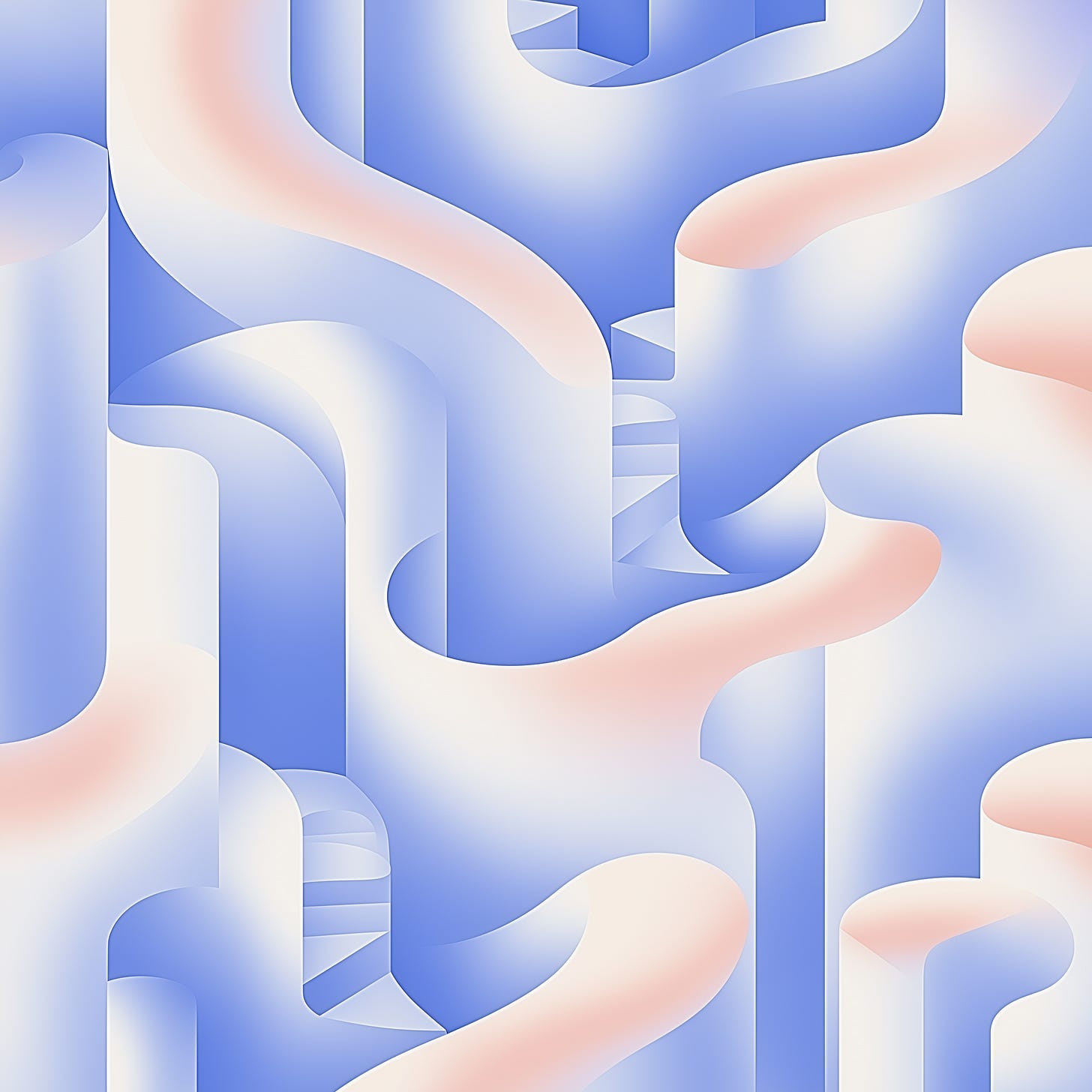 An abstract digital artwork featuring smooth, flowing curves and shapes in soft blue and pale pink gradients. The design has a three-dimensional quality, with shapes that appear to weave and layer over each other, creating a sense of depth and movement. The overall composition suggests a modern, minimalist aesthetic with a gentle, ethereal quality.