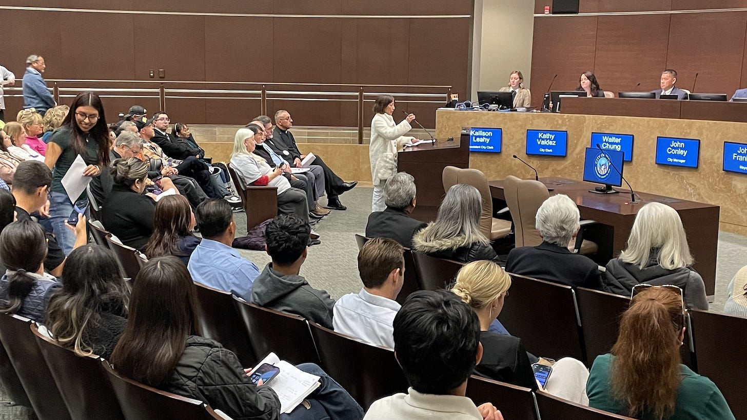 Hundreds of residents packed the Vista Civic Center on Tuesday to speak and listen to the City Council regarding the Community Safety and Due Process and Know Your Rights resolution. The council passed it, 3-2. Photo by Steve Puterski