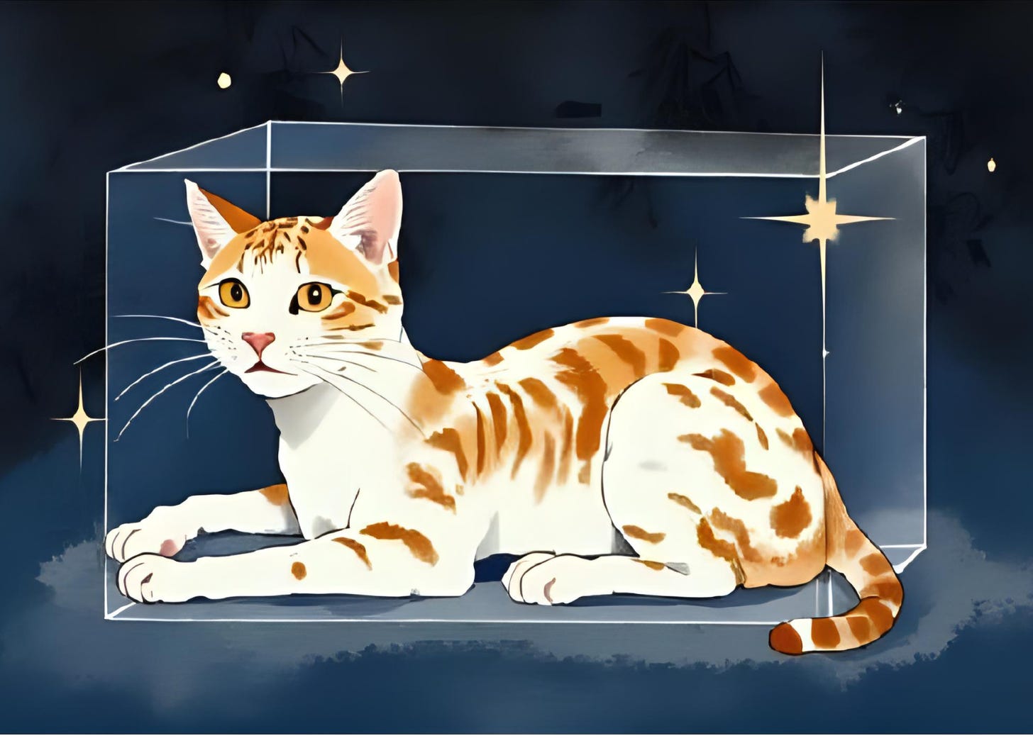 Illustration of an orange tabby cat sitting inside a translucent glass-like box against a starry background, symbolizing Schrödinger’s paradox of being both alive and dead at once.