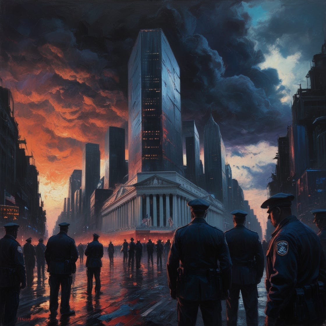 A futuristic, cinematic depiction of Wall Street at dusk, in a gritty, dystopian medium of dark, heavy oil paints, set against a backdrop of foreboding, thunderous clouds, with ominous, fiery hues of deep oranges and reds bleeding into the dark blues and purples of night, highlighting the cold, imposing skyscrapers and shadowy figures of bankers and deep state operatives, their faces obscured, shrouded in mystery and conspiracy, surrounded by an aura of menace and corruption, as if the very air is thick with deceit and manipulation.