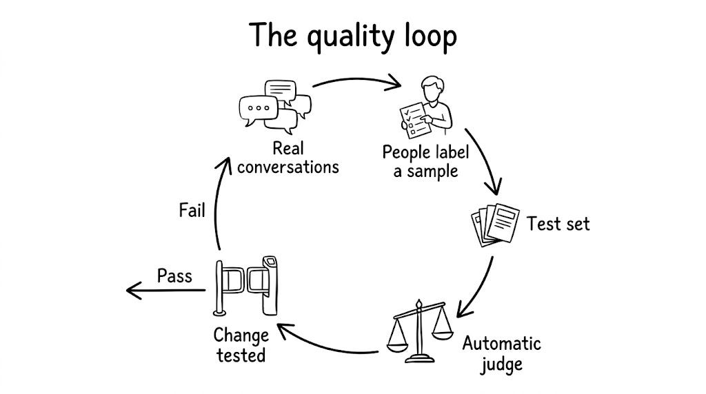 A circle of five stations joined by arrows. "Real conversations" with chat bubbles, "People label a sample" with a person holding a checklist, "Test set" with a stack of cards, "Automatic judge" with a balance scale, and "Change tested" with a gate. From the gate, a "Pass" arrow leaves the circle, and a "Fail" arrow goes back to the start. A circle of five stations joined by arrows. "Real conversations" with chat bubbles, "People label a sample" with a person holding a checklist, "Test set" with a stack of cards, "Automatic judge" with a balance scale, and "Change tested" with a gate. From the gate, a "Pass" arrow leaves the circle, and a "Fail" arrow goes back to the start.