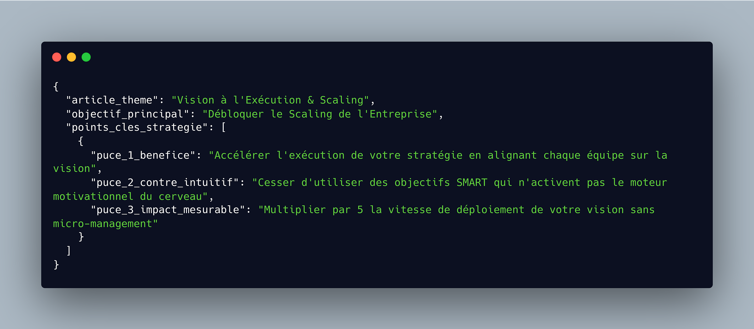 Code Source ROI (JSON) : Objectifs stratégiques pour multiplier l'exécution de la vision par 5 et cesser d'utiliser les objectifs SMART traditionnels. Code Source ROI (JSON) : Objectifs stratégiques pour multiplier l'exécution de la vision par 5 et cesser d'utiliser les objectifs SMART traditionnels.