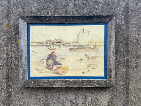 Photos of a painting, a mural, and two lampsades protruding from the river