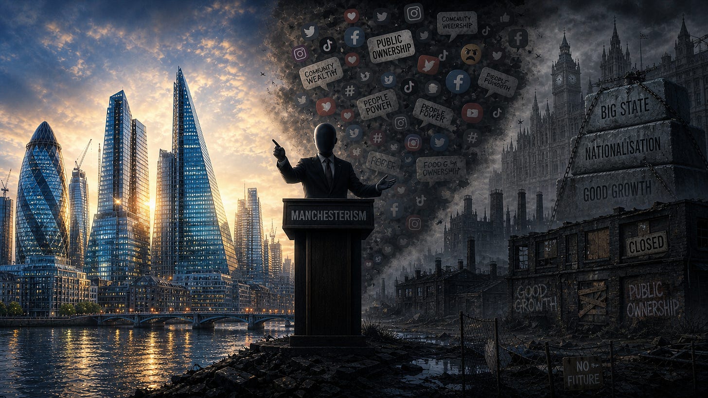 Illustration emphasising Manchesterism in bleak darkness versus a bright City of London.
