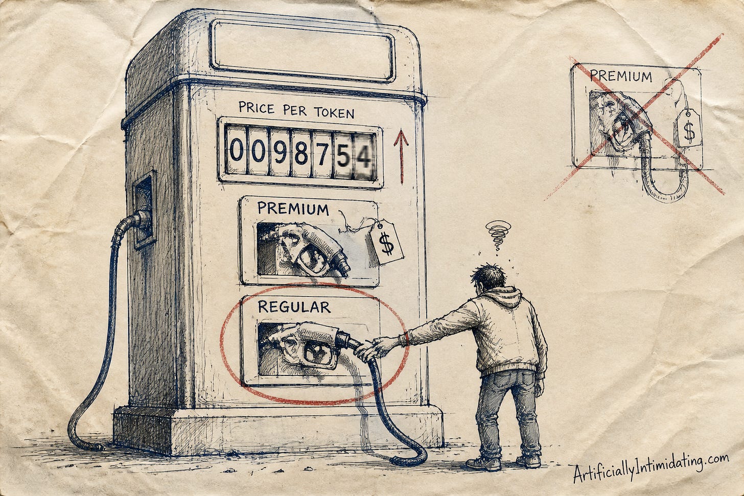 Editorial cartoon: a small engineer in a hoodie reaches past the PREMIUM nozzle and its dollar-sign price tag to grab the REGULAR nozzle on a giant unbranded gas pump whose spinning counter is labelled PRICE PER TOKEN.