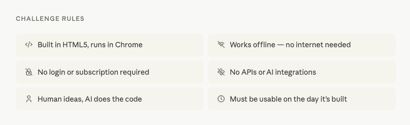 Tiny Tools Project challenge rules: one tool per day, HTML5 only, works offline, no APIs, no login required, human-led briefs with AI-written code, free tier only. Tiny Tools Project challenge rules: one tool per day, HTML5 only, works offline, no APIs, no login required, human-led briefs with AI-written code, free tier only.