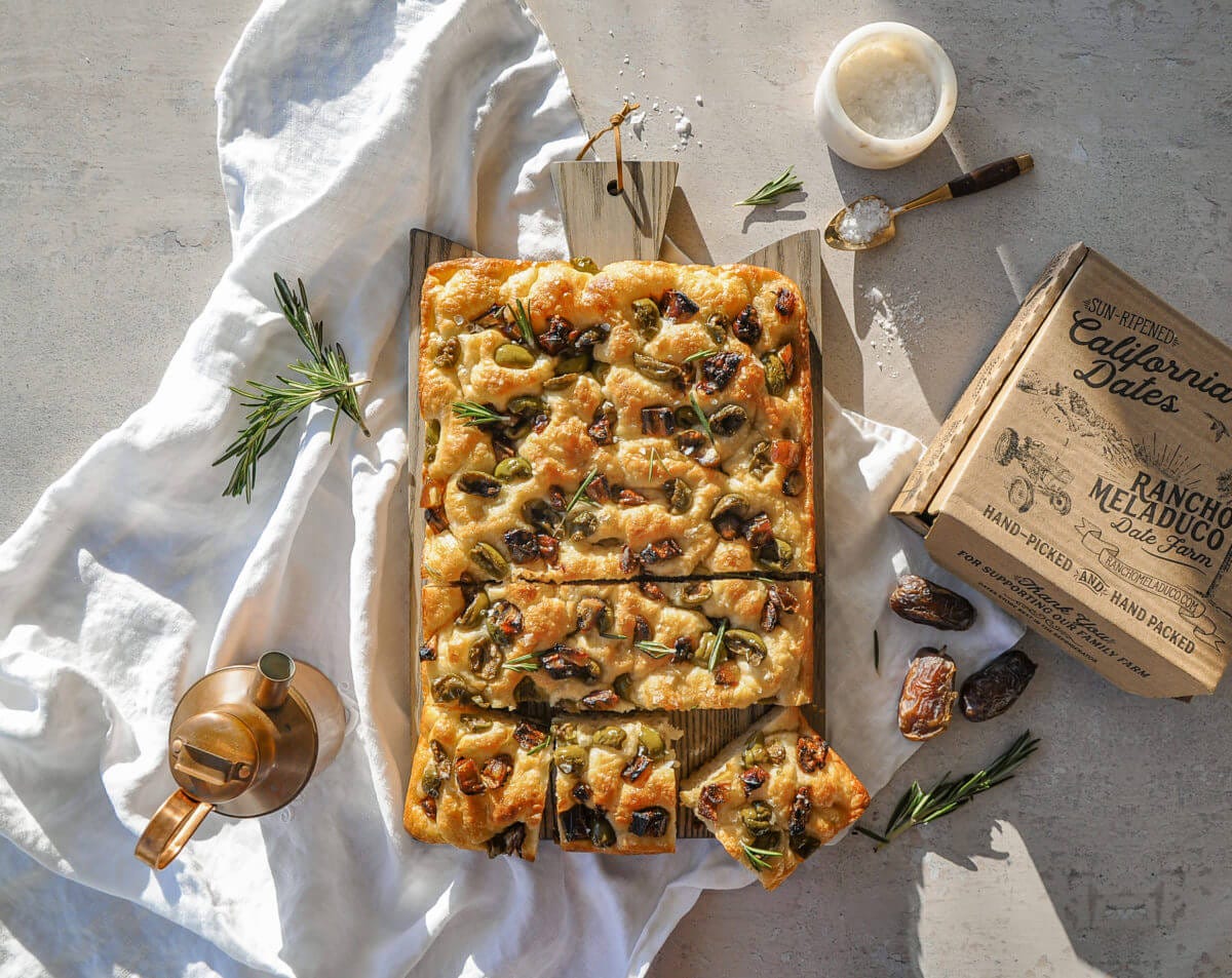 Medjool Date and Castelvetrano Olive Focaccia - Rancho Meladuco Date Farm