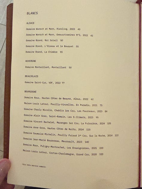 Wine list at Petit Vatel in Saint-Germain