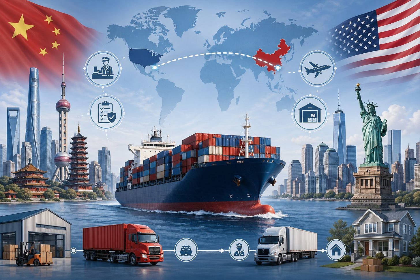A cargo ship sailing between a Chinese city skyline and an American city skyline with a world map showing a shipping route connecting the two countries. A cargo ship sailing between a Chinese city skyline and an American city skyline with a world map showing a shipping route connecting the two countries.