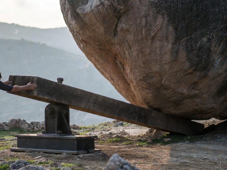 A person operates a mechanical lever to move a large boulder in a natural landscape. A person operates a mechanical lever to move a large boulder in a natural landscape.