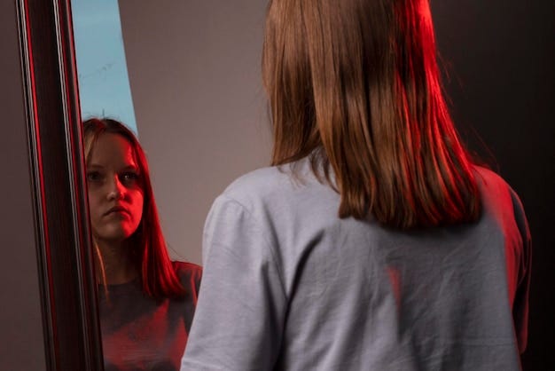 Young woman looking at her mirror reflection with grief. unhappy sad  person. psychological concept of mental disorders and self esteem. |  Premium Photo