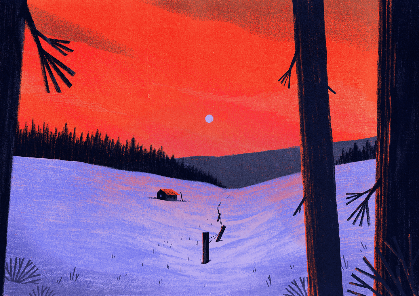 Illustration of Ardennes with red sky, there's a house on the middle, snow on the land, and a few trees at the front.