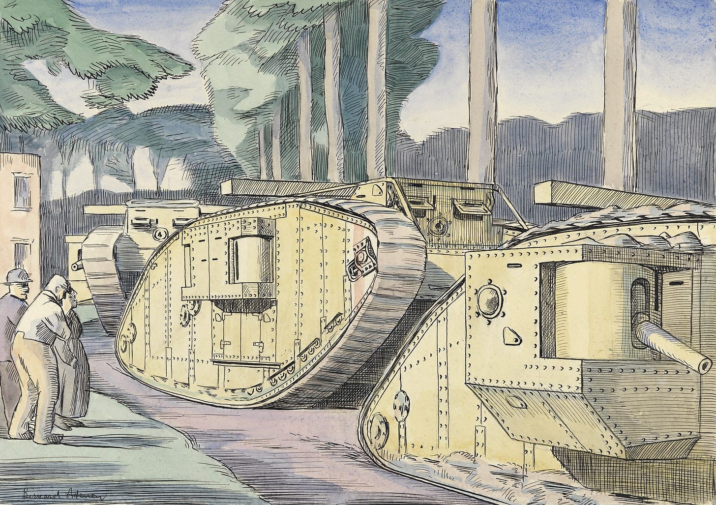 three British Mark IV tanks advancing along a tree-lined road in northern France. The first and third of the tanks are Male, with six pounder guns in sponsons on the side, whilst the second is Female. All three tanks carry unditching beams horizontally across their roofs. Three civilians stand by the roadside to the left, watching the procession of tanks drive past. The light on the horizon suggests that it may be dusk. three British Mark IV tanks advancing along a tree-lined road in northern France. The first and third of the tanks are Male, with six pounder guns in sponsons on the side, whilst the second is Female. All three tanks carry unditching beams horizontally across their roofs. Three civilians stand by the roadside to the left, watching the procession of tanks drive past. The light on the horizon suggests that it may be dusk.