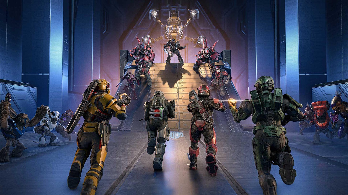 Spartans charging up a ramp towards Banished heroes for the Gauntlet. Spartans charging up a ramp towards Banished heroes for the Gauntlet.